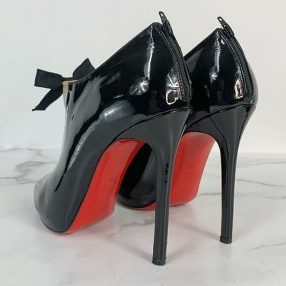 Black Patent Leather Bow Ankle Peep Toe - Picture 2 of 6